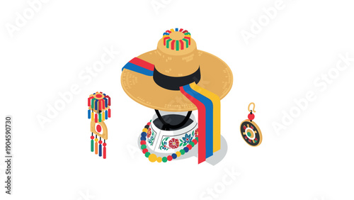 Traditional colombian hat and accessories in vibrant isometric design
