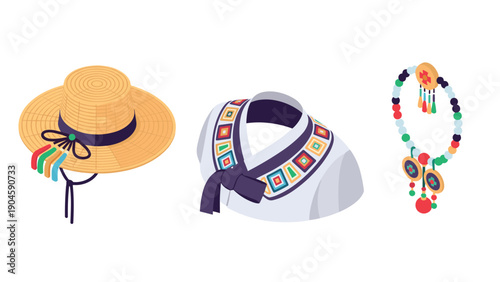 Traditional mexican accessories: hat, shirt, and necklace in vibrant colors