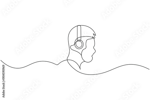Minimalist outline of a guy in hoodie with headphones one line art
