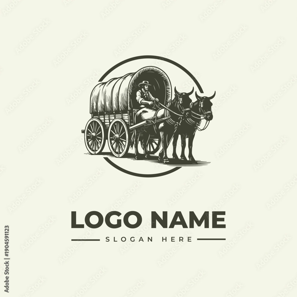 Fototapeta premium A vintage-style illustration of a man driving a horse-drawn wagon in a circular logo design with a woodcut aesthetic and space for a logo name and slogan.