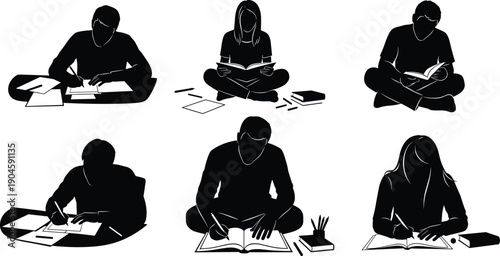 Silhouette Vector Set of Students Studying and Writing Books While Sitting Cross-Legged on the Floor for Education and Learning Concepts (2