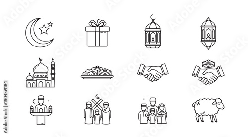 Islamic Icons: Crescent Moon, Mosque, Lantern, Family, Gift, Sheep, Handshake