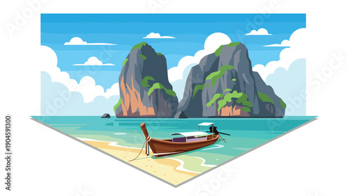 Tropical beach with longtail boat and limestone cliffs in flat design