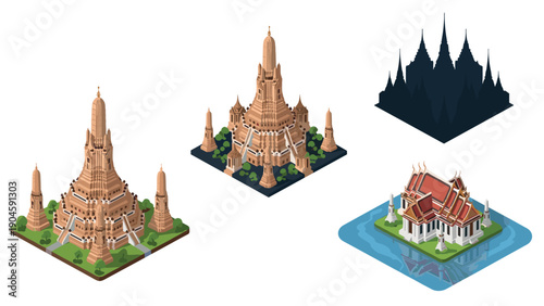 Isometric thai temples - iconic cultural landmarks and silhouette
