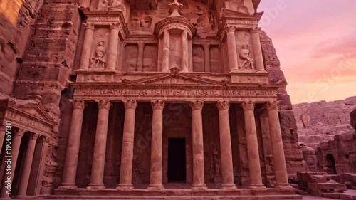 Cinematic reveal shot from stone stairs showing treasury building facade in petra jordan with purple sunset sky dynamic footage