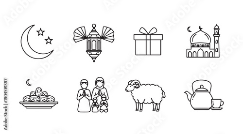 Islamic Icons: Ramadan, Eid al-Adha symbols, moon, stars, mosque, dates, family, lantern, gift, tea icons