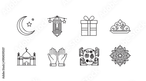 Islamic Icons Ramadan Set: Mosque, Crescent, Lantern, Gift, Praying Hands, Food, Family, Mandala