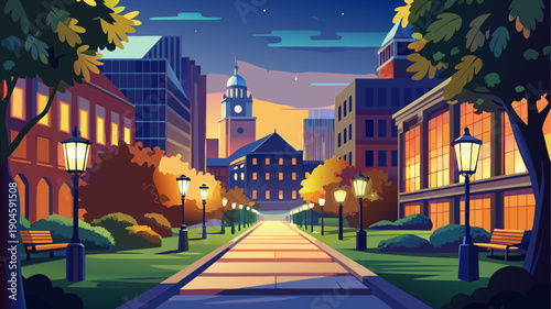 Very beautiful nighttime walkway at New Haven Green with surrounding buildings softly illuminated, reflecting a calm urban atmosphere influenced by nearby academic institutions.