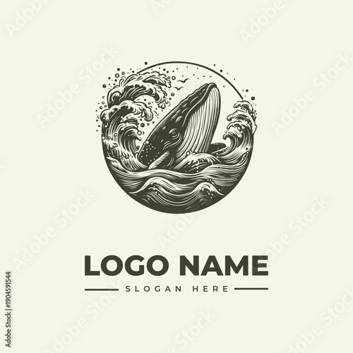 A vintage woodcut-style illustration of a whale breaching in a circular logo design with a wave background and placeholder text for a logo name and slogan.