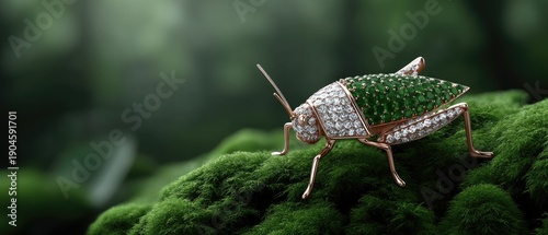 Colorful jewel-encrusted grasshopper brooch displayed on moss with focus on fine details and craftsmanship in close-up view