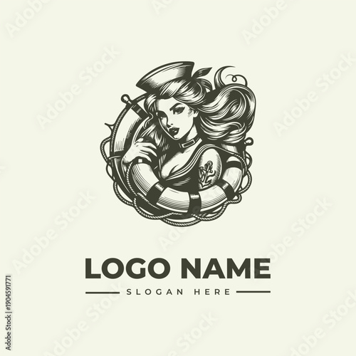 Vintage engraving of a woman in a sailor hat holding a rope within a ship's wheel circle logo with a woodcut illustration style against a clean white background