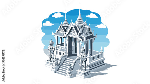 Traditional asian temple with mythical guardians in isometric style against cloudy sky