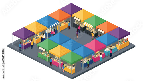 Colorful isometric outdoor market with stalls and shoppers