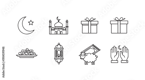 Islamic Icons Set: Crescent Moon, Mosque, Gifts, Dates, Lantern, Sheep, Prayer Hands