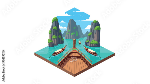 Serene isometric landscape of a tropical bay with boats and cliffs
