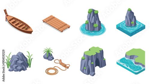 Isometric nature elements with boat, rocks, and plants