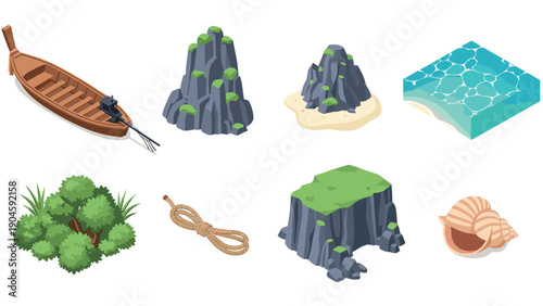 Isometric nature elements: boat, rocks, foliage, water, rope, shell in vector art