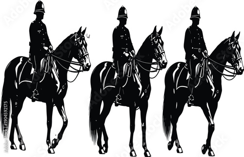Vintage Illustration of Three British Mounted Police Officers in Uniform Riding Horses in a Row Set Against a White Background