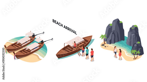 Beach arrival concept with tourists and boats in isometric style