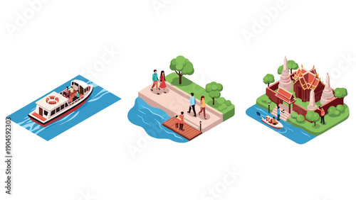 Isometric urban scene with boat, people, and temple in a park setting