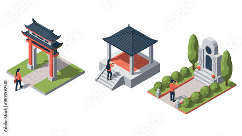 Isometric asian architecture with tourists: pagoda, gate, pavilion in vibrant setting