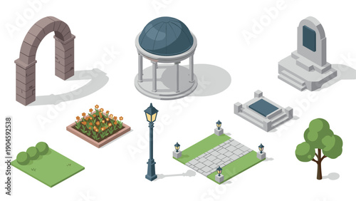 Isometric park elements with gazebo, lamp post, and garden features