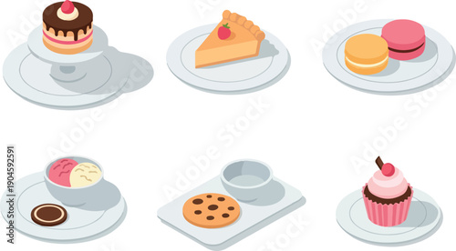 A Collection of Six Delectable Desserts, Including Cake, Pie, Macarons, Ice Cream, Cookies, and Cupcakes, Presented on Plates