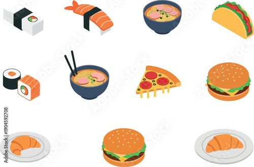 Isometric food icons including sushi, ramen, pizza, burgers, tacos, and croissants for culinary concepts