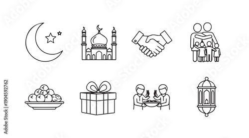 Islamic Icons Set: Moon, Mosque, Handshake, Family, Dates, Gift, Sharing, Lantern