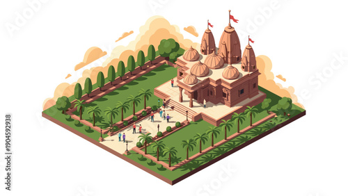 Isometric hindu temple architecture with courtyard and gardens
