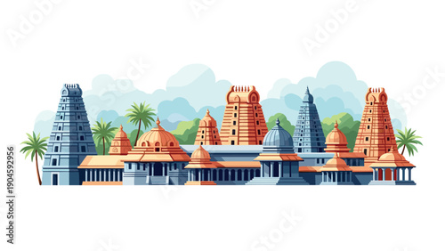 Ancient indian temples and palm trees in flat design with detailed architecture