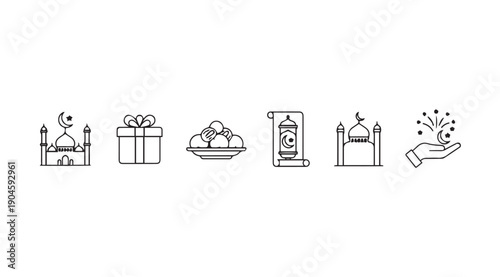 Islamic Icons Set: Mosque, Gift, Dates, Lantern, Hand with Crescent Moon and Stars