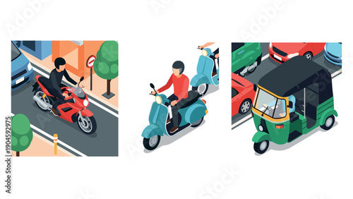 Urban traffic set with motorbike, scooter, and tuk tuk in isometric city scene