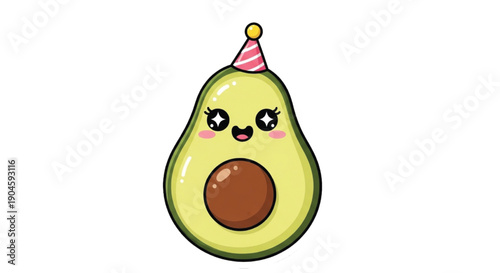 A cute cartoon avocado character with a happy smiling face and a fresh green body stands as a funny healthy food illustration on a white background