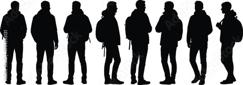 Group of backpacker men silhouettes standing together, travelers and hikers with backpacks, adventure, tourism and outdoor lifestyle concept isolated on white