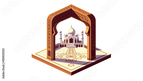 Isometric view of iconic monument framed by ornate archway in warm tones