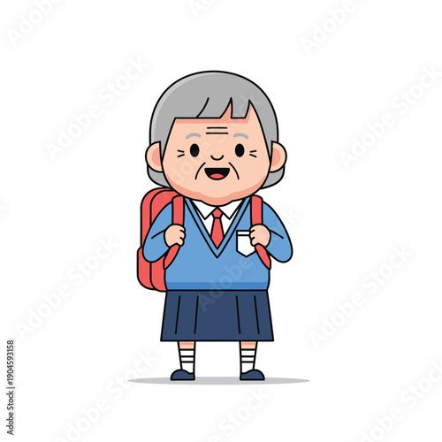 Elderly woman wearing school uniform and backpack stands smiling