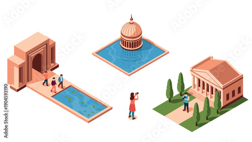 Isometric architectural landmarks with tourists capturing photos