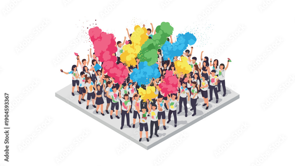 Obraz premium Colorful celebration with diverse group and vibrant paint splashes in isometric style