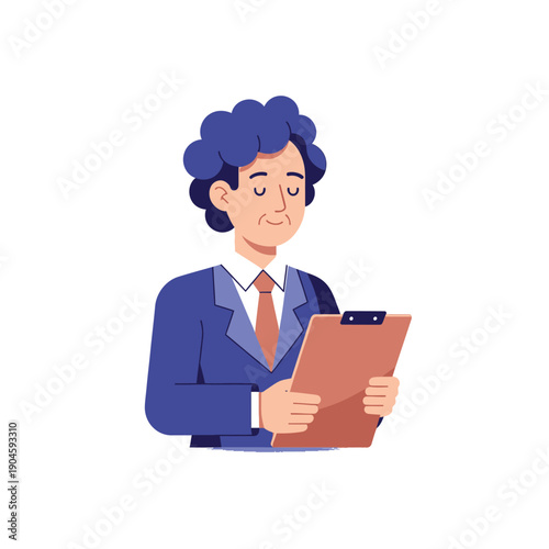 A man in a blue suit holds a clipboard and looks at it seriously.