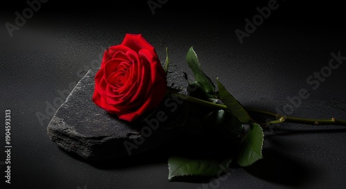 Vivid Red Rose Resting on a Textured Black Stone