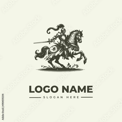 A knight on horseback with a sword in a vintage engraving logo design featuring a logo name and slogan on a beige background.