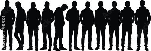 Group of male silhouettes standing together, men in casual poses, unity, individuality, confidence and modern lifestyle concept isolated on white background