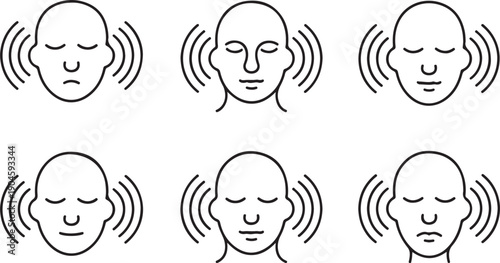 Anxiety and Stress Relief Icon Set, Calm Face, Sound Waves, Mental Health Vector Illustrations