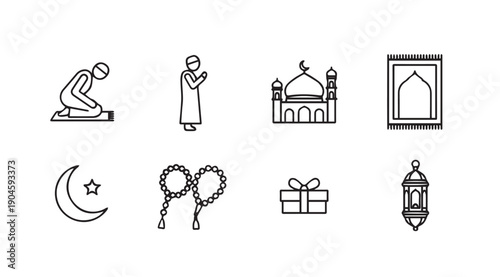 Islamic Icons Set: Prayer, Mosque, Crescent Moon, Rosary, Gift, Lantern, Prayer Mat