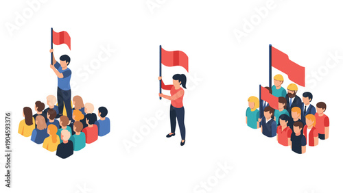 Isometric protest scene with diverse people holding red flags