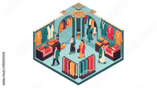Traditional clothing store isometric concept with customers and colorful garments on display
