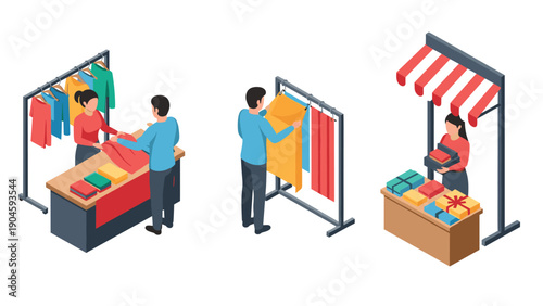 Isometric shopping scene with customers and clothing display in retail setting