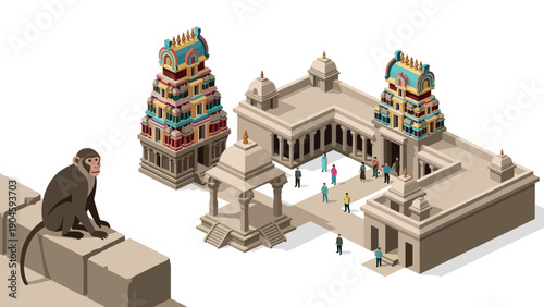 Isometric temple complex with monkeys and visitors in a vibrant cultural setting