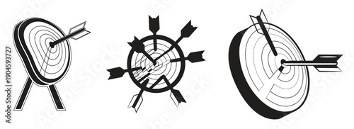 Setof black target sights with arrow ideal for design on white background silhouette. Black and white target and cloud icons with checkmarks, vector illustration.